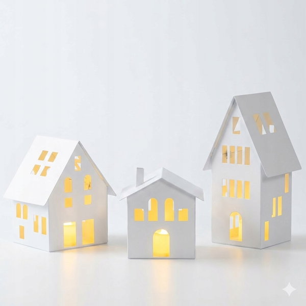 Zestaw 3 Lampionów Metalowych Domki LED Białe Romadedi Dekoracja