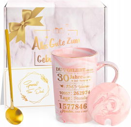 Ceramiczny różowy kubek na kawę z pokrywką,łyżeczką i pudełkiem prezentowym