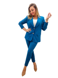 ELEGANCKI TALIOWANY GARNITUR DAMSKI NA PODSZEWCE 48 MORSKI