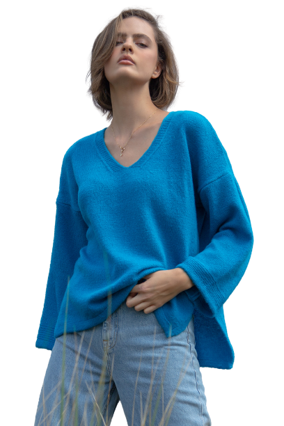 UŹNY OVERSIZOWY SWETER Z ROZCIĘCIEM 36/38 NIEBIESKI
