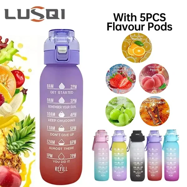 Bidon LUSQI 1000 ml z rurką i 5 wkładami smakowymi