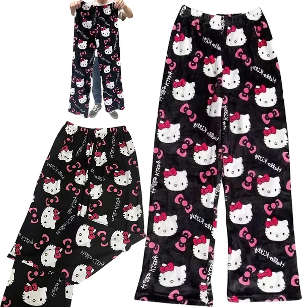Spodnie damskie piżamowe dresowe Hello Kitty czarne ciepłe rozmiar L