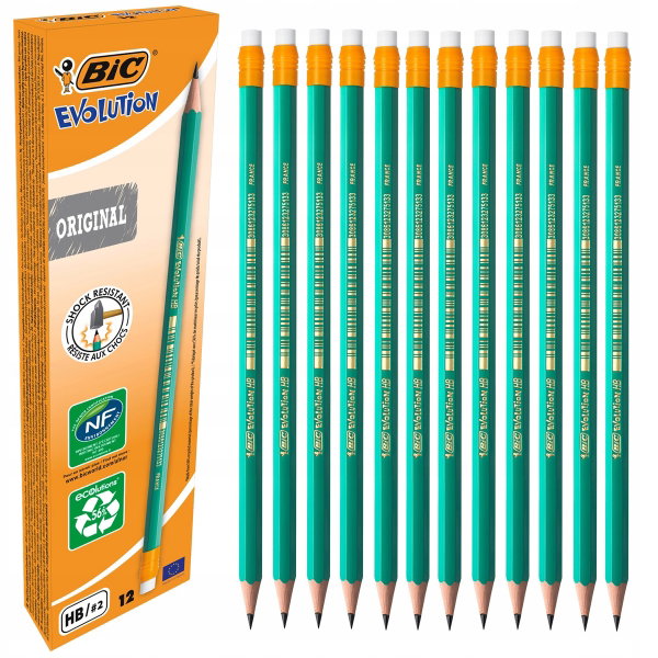 12 SZT. X OŁÓWEK HB/2 BIC EVOLUTION Z GUMKĄ, Z ŻYWICY BEZDRZEWNEJ