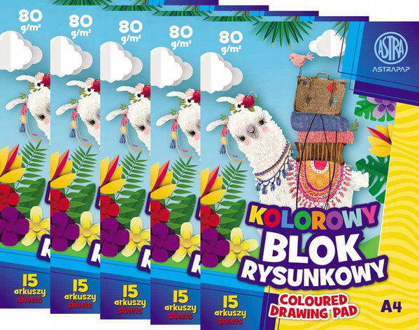 BLOK RYSUNKOWY KOLOROWY A4 Astra 15 KARTEK INTENSYWNE KOLORY x 5 szt