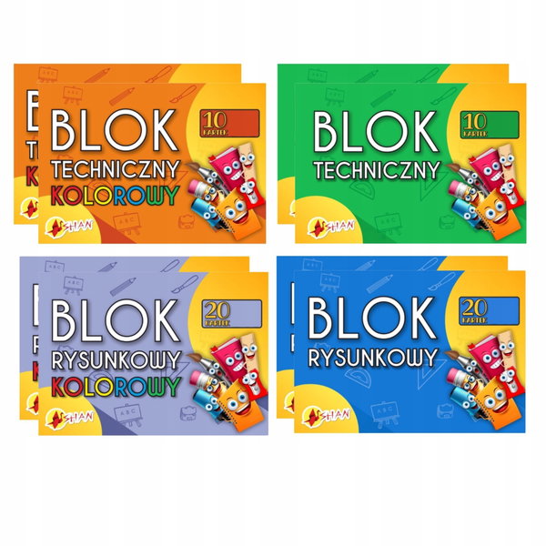 Zestaw 8 bloków szkolnych A4: 4 rodzaje po 2 sztuki