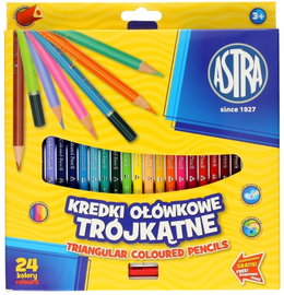 Kredki szkolne ołówkowe trójkątne Astra 24 kolorów + Temperówka Gratis