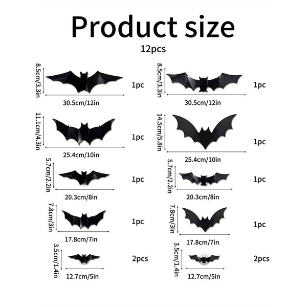 Naklejki LED 3D nietoperze samoprzylepne, 12 szt.