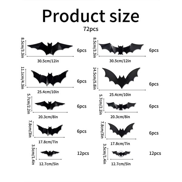 Naklejki LED 3D nietoperze samoprzylepne, 72 szt.