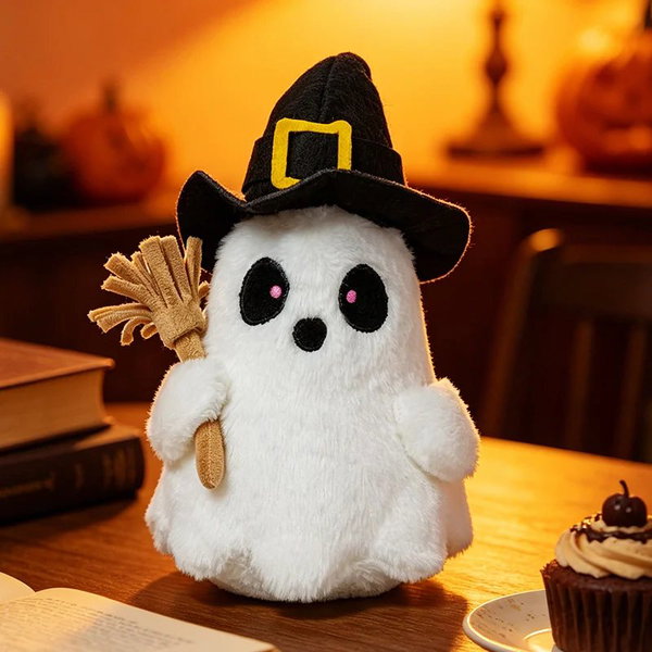 Halloweenowa pluszowa dynia-duch czarna, 23 cm biała