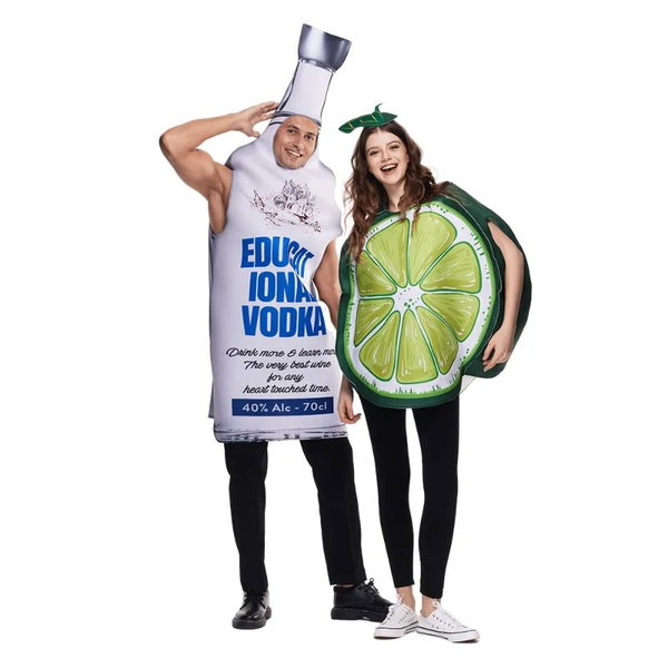 Kostiumy dla par imitujące butelkę wódki i plasterki limonki