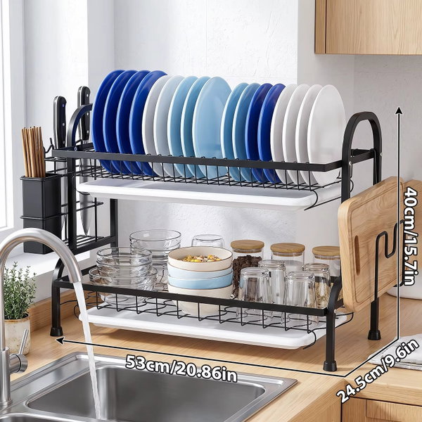 Stojak na naczynia 42 cm, dwupoziomowy organizer z uchwytem i tacką