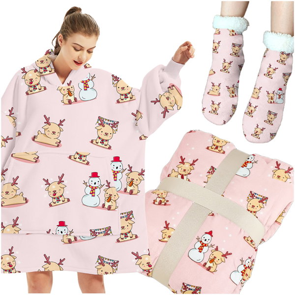KOC BLUZA OVERSIZE GRUBA KOCOBLUZA Z KAPTUREM ŚWIĘTA FUTRZAK XXL + SKARPETY