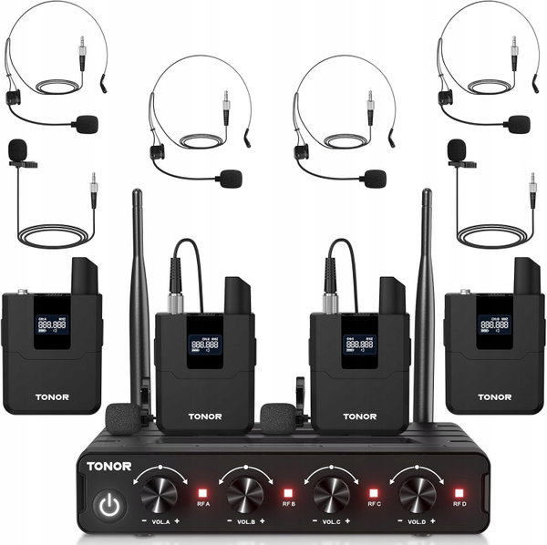Bezprzewodowy zestaw mikrofonowy TONOR TW364 UHF z 4 nadajnikami do 60m