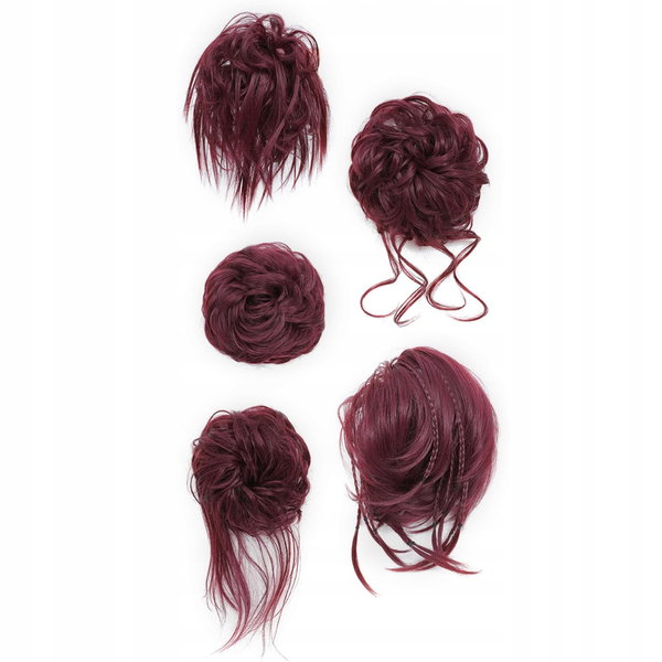 Doczepiany KOK na gumce treska GĘSTY koczek messy bun 5 szt. Kasztanowe
