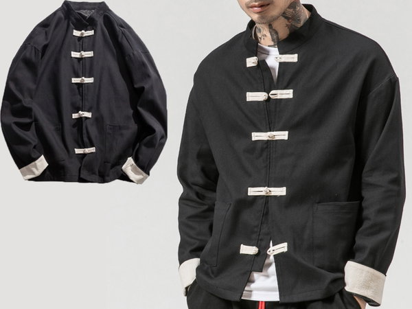 3XL Koszula Męska Kimono Czarna Styl Azjatycki Orientalna Bawełniana