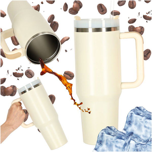 Duży Kubek Termiczny ze Słomką na Kawę Herbatę Wodę Termos 1200 ml Beżowy