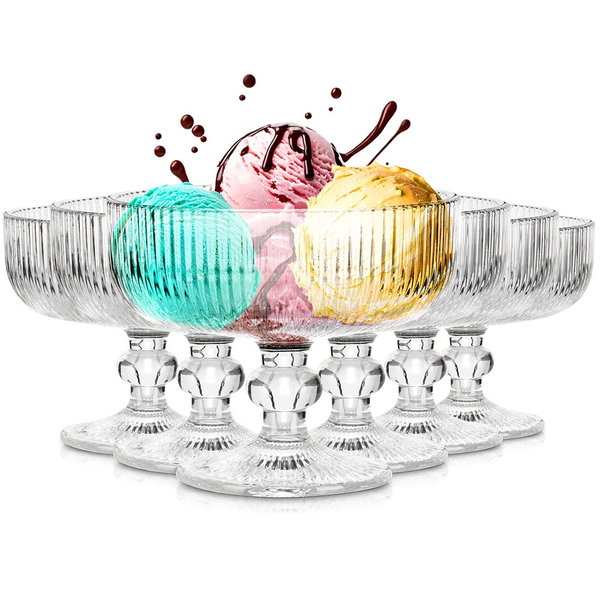 6x Pucharki Ryflowane Szklane na Nóżce do Lodów Deserów Lody Desery 270ml