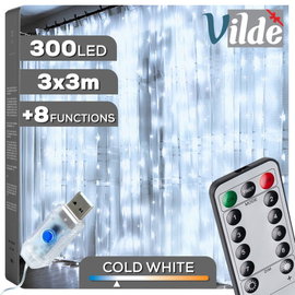 Kurtyna Świetlna Dekoracyjna Okienna Lampki Białe Zimne 300 LED 3x3m Pilot