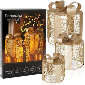3x Prezent Świecący Złoty Świąteczny Podświetlany Dekoracja Ozdoba Lampki