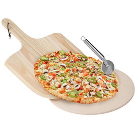 Kamień do Pieczenia Pizzy Szamotowy + Łopata Deska Drewniana + Nóż Nożyk