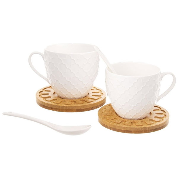 2x Filiżanka Porcelanowa ze Spodkiem Bambusowym Łyżeczki Zestaw Filiżanek
