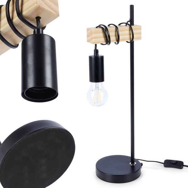 Lampa Stołowa Nocna na Szafkę Lampka Metalowa Drewniana Czarna Loftowa