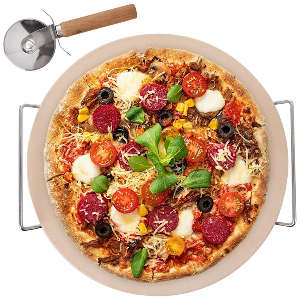Kamień Szamotowy do Pieczenia Pizzy Forma w Stojaku + Nóż do Krojenia