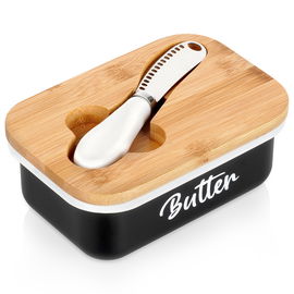 Maselniczka Emaliowana z Pokrywką Bambusowa Nożykiem Pojemnik na Masło