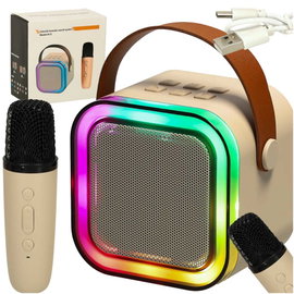 Zestaw Karaoke Głośnik Bluetooth z Mikrofonem LED USB Przenośny Beżowy
