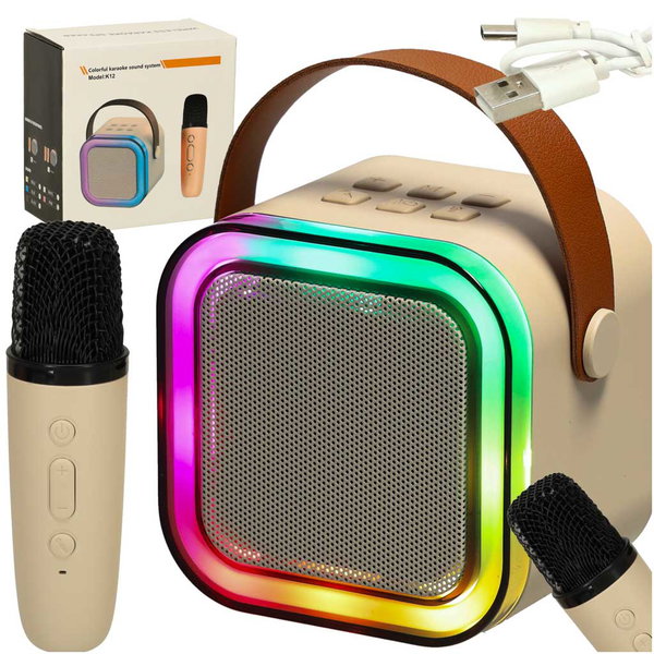Zestaw Karaoke Głośnik Bluetooth z Mikrofonem LED USB Przenośny Beżowy