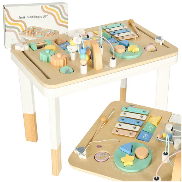 Tablica Manipulacyjna Drewniana Sensoryczna Stolik Drewniany Montessori 2w1