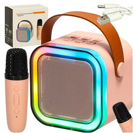 Zestaw Karaoke Głośnik Bluetooth z Mikrofonem LED USB Przenośny Różowy