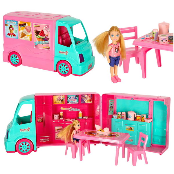Samochód dla Lalek Auto Kamper Duży Food Truck Domek Akcesoria Lalka 21 el.