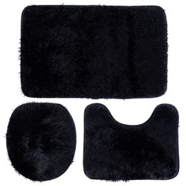Zestaw Łazienkowy Włochaty Miękki Dywanik Czarny Nakładka na Deskę Łazienki