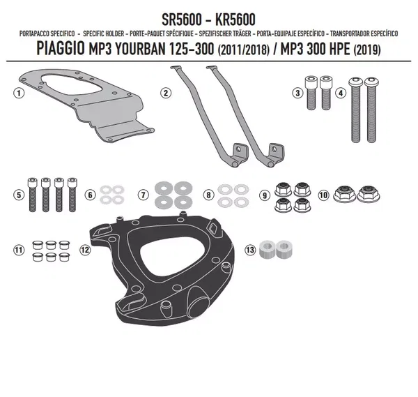 Stelaż kufra centralnego Piaggio MP3 Yourban 125 300, HPE 300 z płytą Monokey