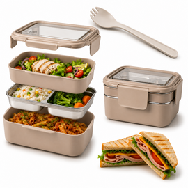 Śniadaniówka LUNCH BOX z widelcem, stal nierdzewna, 2 poziomy, kremowy PJM50K