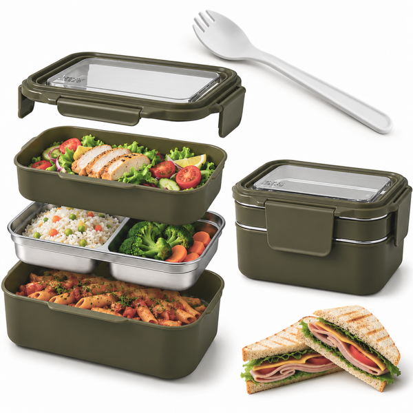 Śniadaniówka LUNCH BOX z widelcem, stal nierdzewna, 2 poziomy, zielony PJM50ZIE