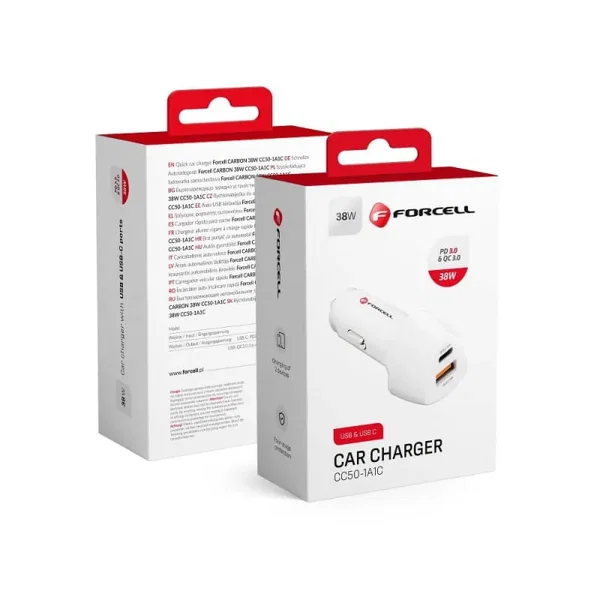 FORCELL CARBON ładowarka samochodowa Typ C 3.0 PD20W+USB QC3.0 18W 5A biała
