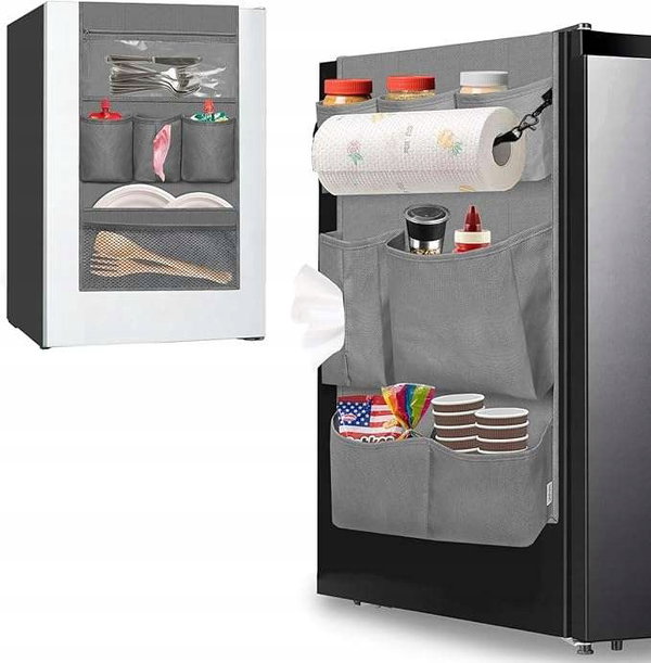 Organizer na lodówkę drzwi z 15 kieszeniami wiszący szary 32x160 cm