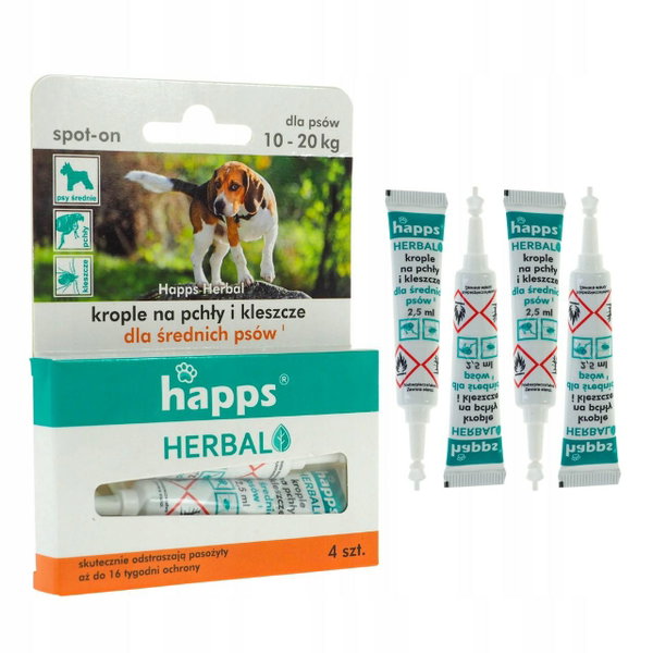 HAPPS Herbal krople na pchły i kleszcze dla psów średnich 10-20 kg, 4x2,5ml