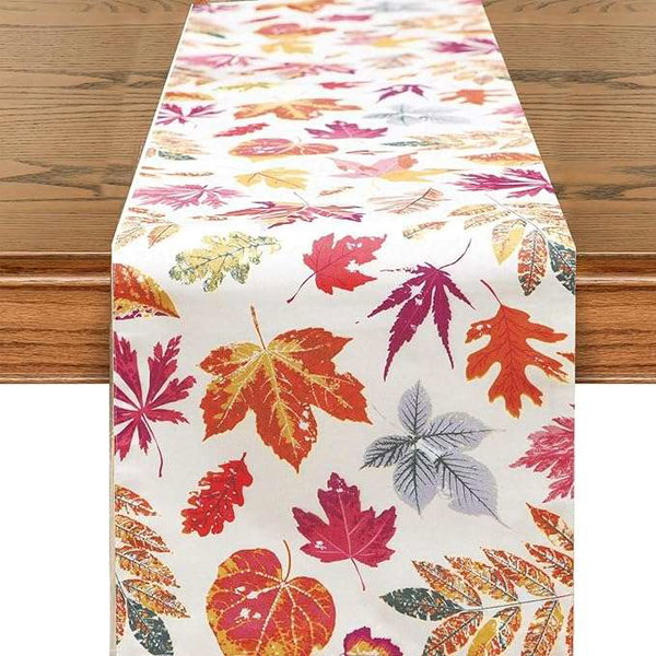 Bieżnik na stół imitacja lnu 33x183cm Jesienne liści kolor biały