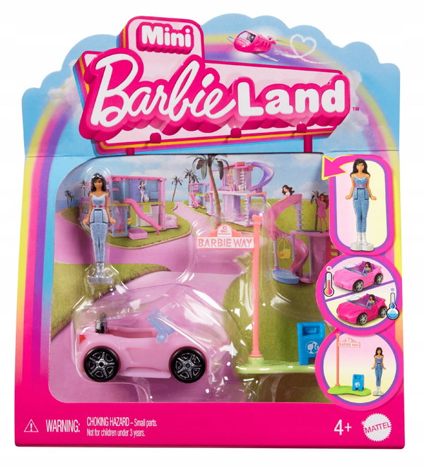 Barbie Mini BarbieLand Kabriolet Zabawka auto i mini lalka Zestaw 4+ HYF42