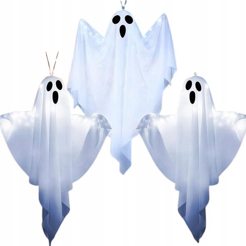 Dekoracja wisząca podświetlana LED na Halloween 50x40cm motyw Ducha 3 szt
