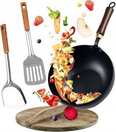 Patelnia wok z drewnianą rączką 20x11 cm 3,5 litra Zestaw stalowe łopatki