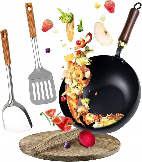 Patelnia wok z drewnianą rączką 20x11 cm 3,5 litra Zestaw stalowe łopatki