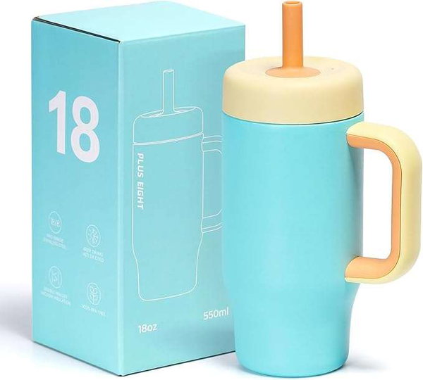 Kubek termiczny termos ze słomką 540 ml z uchwytem kolor niebieski