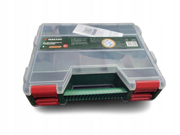 Dwustronny organizer 34 przegródki, 4 klipsy, 24 wkłady 32x27x8 cm Parkside