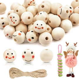 Drewniane koraliki z twarzami kulki z otworami do nawlekania DIY 60 szt