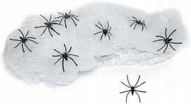 Pajęczyna ze sztucznymi pająkami 60 szt. dekoracja Halloween biało/czarna