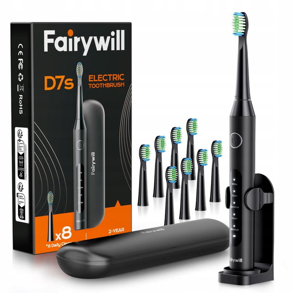 Elektryczna Soniczna Szczoteczka Do Zębów Czarna Etui 8 Końcówek Fairywill